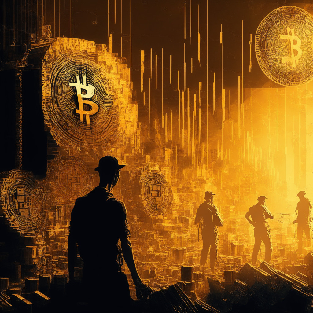 Crypto mining scene, numerous bitcoin rigs, distressed miners in background, warm golden light, chiaroscuro effect, steampunk aesthetics, determined mood, abstract financial charts and graphs overlay.