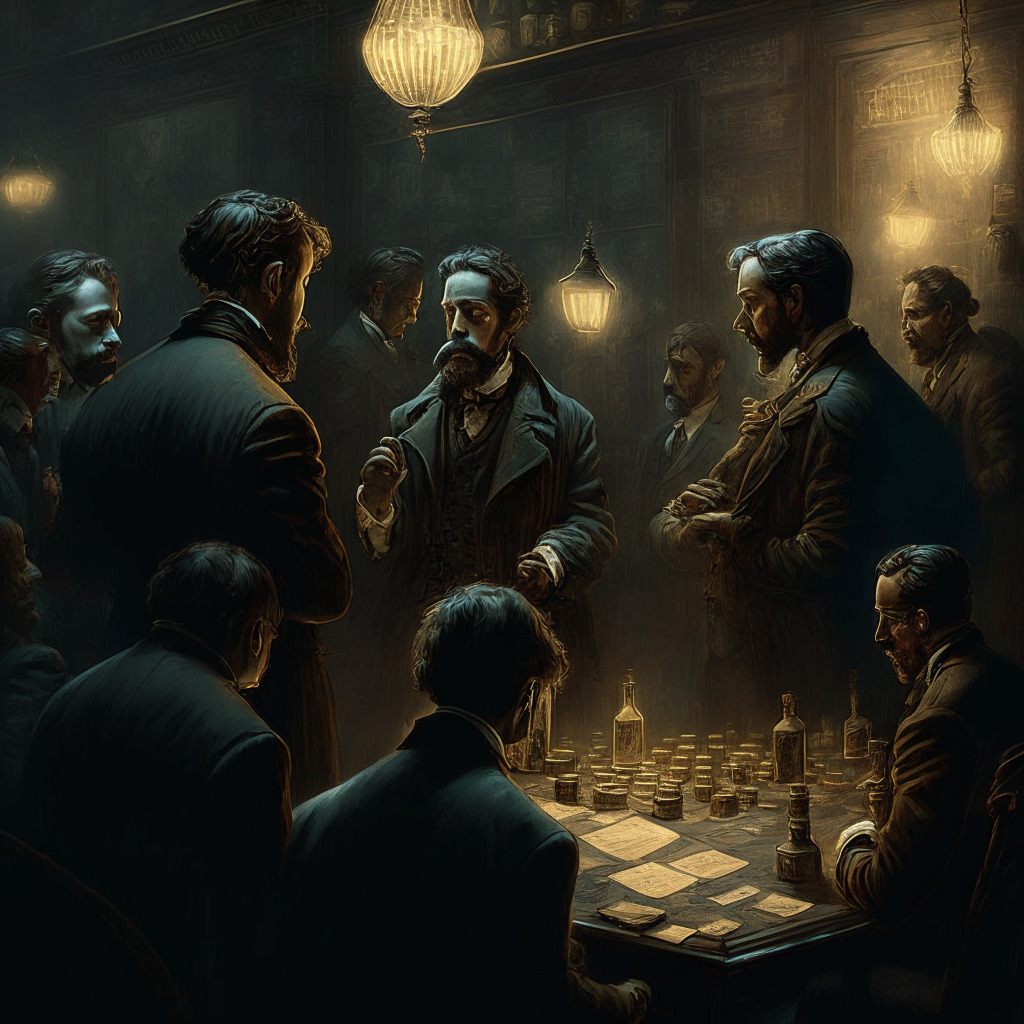Intricate cryptocurrency exchange scene, Victorian art style, warm ambient lighting, multiple traders and a stock market chalkboard, contrast of transparency vs. hidden agendas, subtle tokens depicting fairness and conflict, facial expressions conveying suspicion and trust, moody atmosphere.