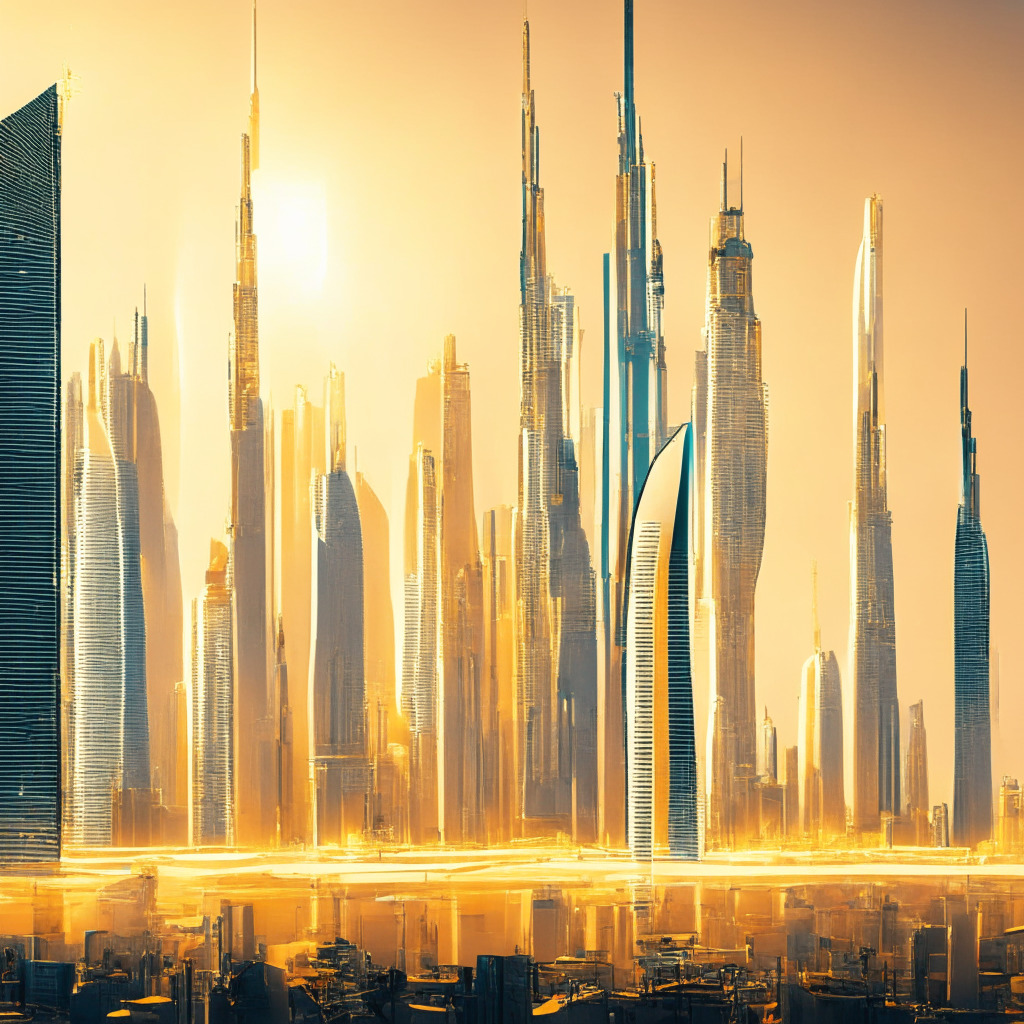 Futuristic finance cityscape in UAE, gleaming skyscrapers, students with laptops, blockchain networks intertwining, warm golden hues, impressionist style, air of innovation and collaboration, Dubai skyline in the background, potential risks represented by shadows, bright light symbolizing growth and security, overall mood: ambitious yet cautious.