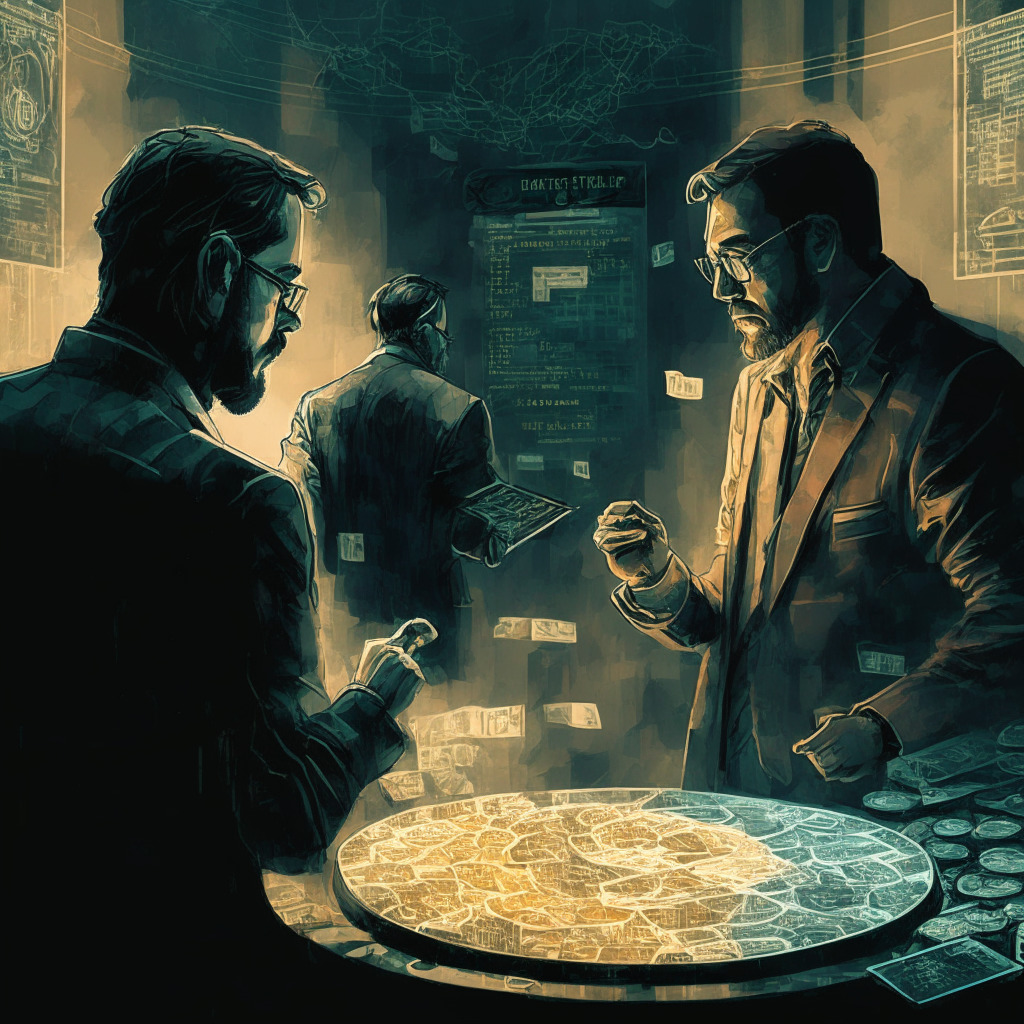 Intricate crypto exchange scene, expressive artistic style, low warm light, serious mood, transparent vs. opaque elements, a debate between two traders, efficient market vs. conflict of interest metaphor, fee structures in focus, digital assets in the background, level playing field symbolism, 350 characters.