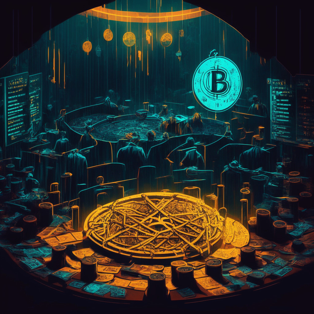 Cryptocurrency exchanges struggle in dimly lit, chaotic trading room, reflecting regulatory pressure, court gavel symbolizing SEC lawsuits, shrinking pie charts for Binance US & Coinbase market share, serious mood, somber color palette, tangled chains representing complex regulatory guidelines.