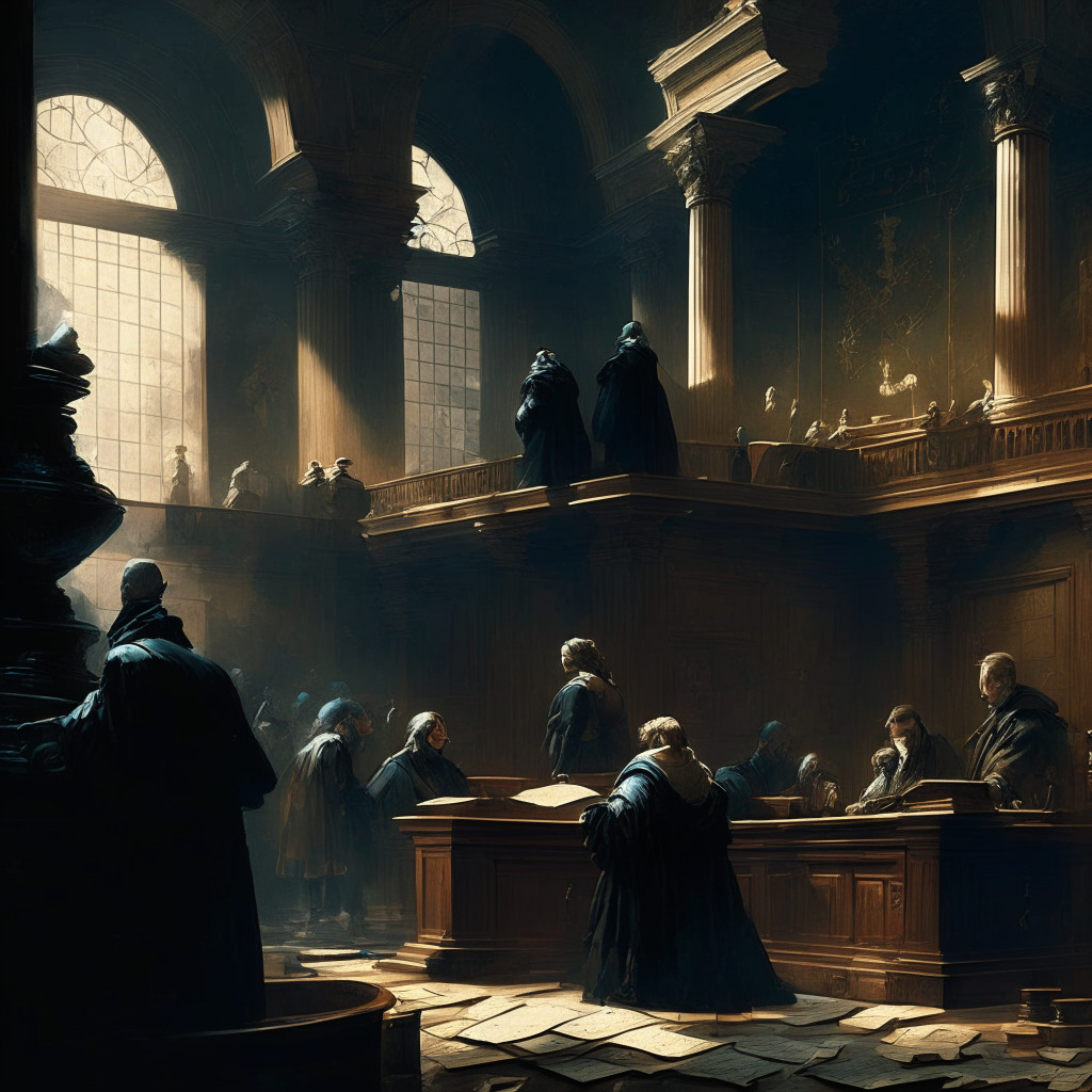 Intricate courtroom scene, scales of justice, crypto coins & legal documents, chiaroscuro lighting, contending forces in the background, a mix of Renaissance & abstract art styles, hints of uncertainty and anticipation in the mood. (279 characters)