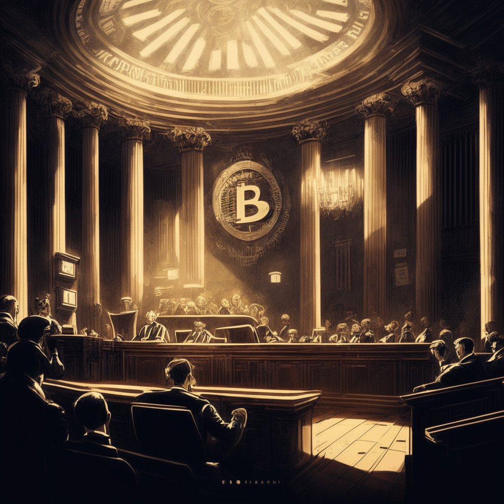 Intricate courtroom scene, Gary Gensler at podium, Binance & Coinbase logos on opposing seats, chiaroscuro lighting, Baroque style, tension in the air, contrast between innovation & regulation, gloomy mood, US dollar, euro, yen notes in background, hint of digital currency symbols.