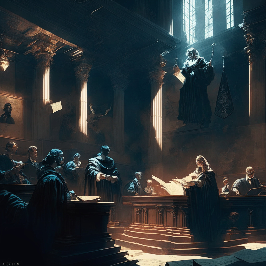 Intricate courtroom scene, allegorical justice figures holding crypto token & legal document, chiaroscuro lighting, tension-filled atmosphere, mix of Renaissance & modern styles, focus on cryptocurrency & regulation debate, cautious yet hopeful mood. (272 characters)