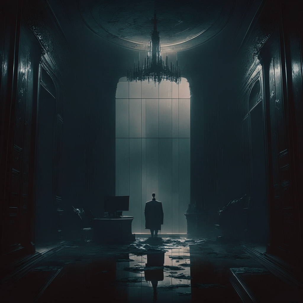 Crypto exec scandal, lavish properties, mysterious grants, dark artistic style, moody atmosphere, dystopian setting, chiaroscuro lighting, blockchain future uncertainty, unethical financial decisions, call for transparency and regulation, somber tones and sharp contrasts.