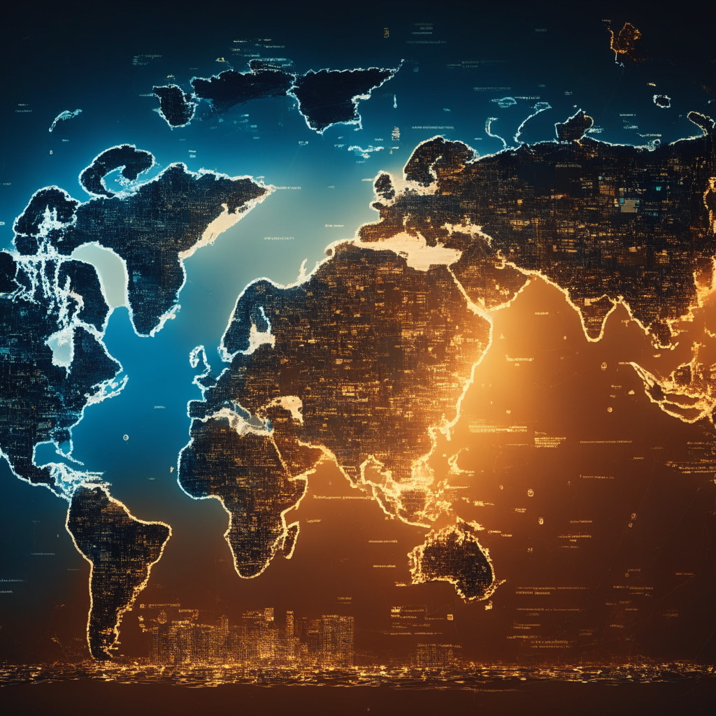 Crypto exodus scene, regulators pushing crypto from US shores, industry innovators looking to new regions, Asia, Middle East, Europe as alternative hubs, sunlight and shadows highlighting opportunities overseas, underlying tone of uncertainty, a world map with favorable jurisdictions illuminated.