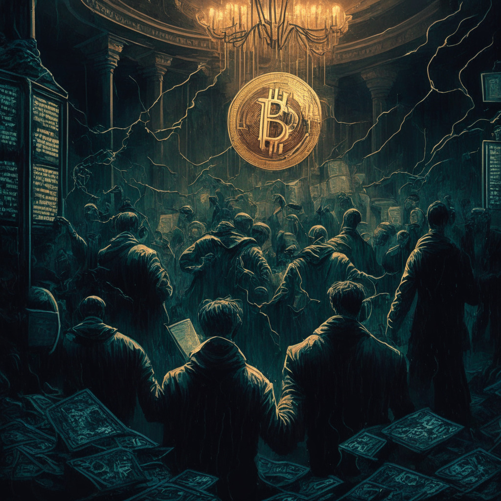 Intricate crypto market scene, SEC lawsuit impact, dimly lit atmosphere, anxious expressions, Bitcoin & Ethereum falling, artistic contrast of fear & greed, liquidation chaos swirling, mood of uncertainty, subtle call for regulation, temporary setback or turning point?