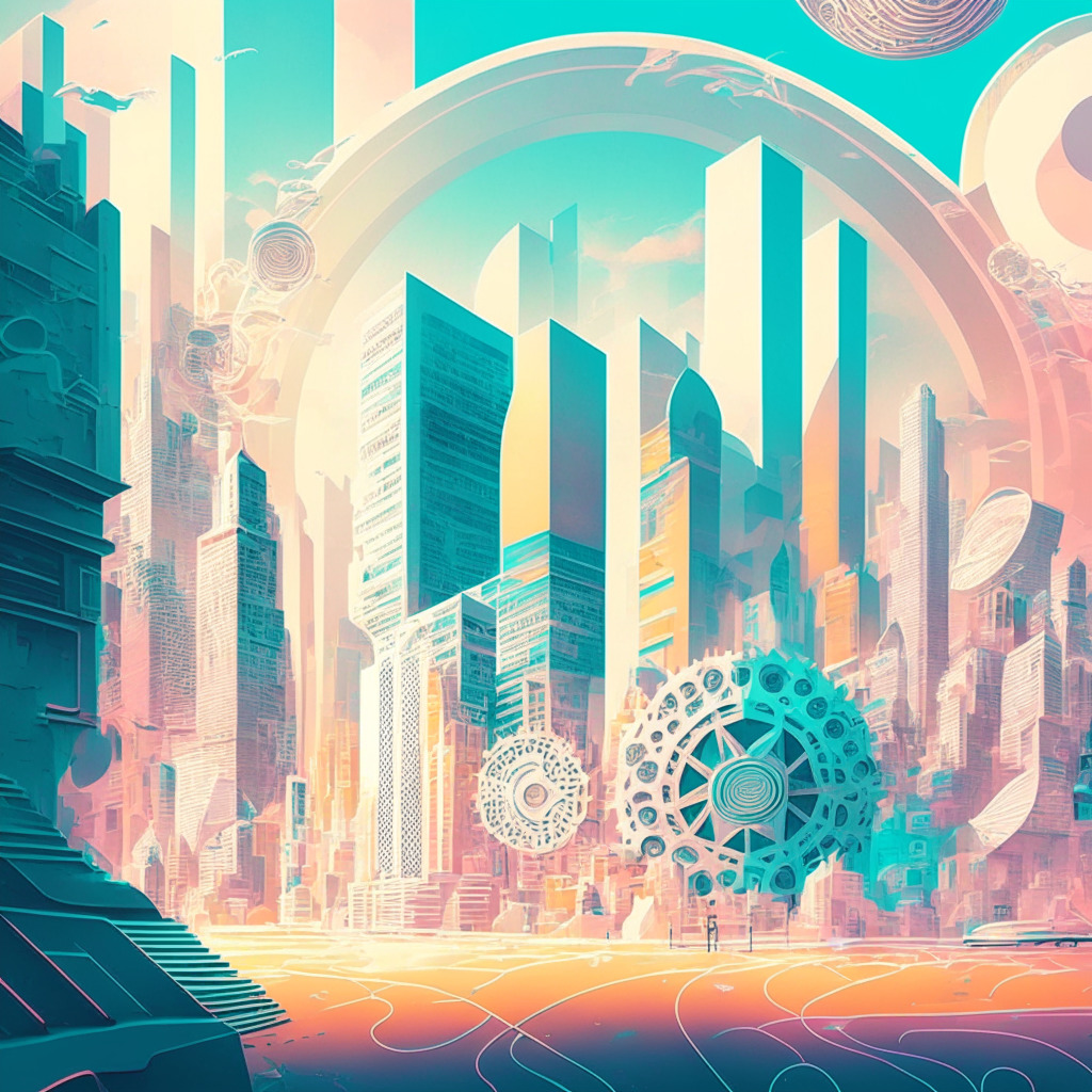 Surreal crypto city skyline, DeFi intertwined gears balancing, contrasting light & shadows, calming pastel palette, juxtaposition of risk & stability, wallet releasing debt coins into Aave protocol, ethereal mood, CRV tokens scattered, soft waves of value changes, vigilant eyes observing