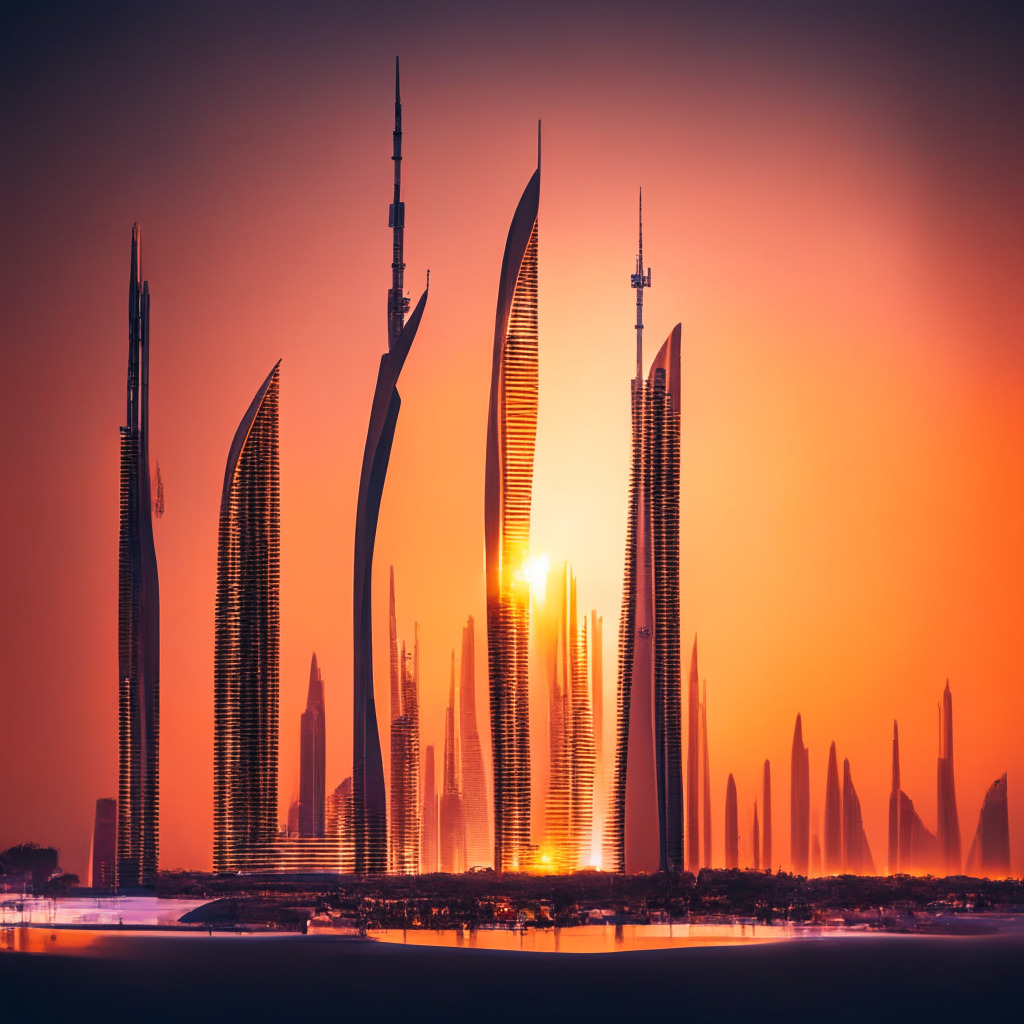 Dubai's futuristic skyline bathed in the warm hues of a setting sun, transitioning from a vibrant cityscape to a serene night. The image captures the city's allure as a hub of digital innovation, symbolized by a prominent building transforming into an abstract futuristic crypto symbol. The mood is one of anticipation and excitement, underscored with a subtle caution. Artistic elements draw inspiration of cyberpunk aesthetics to reflect the paradox of progress amidst regulatory uncertainties.