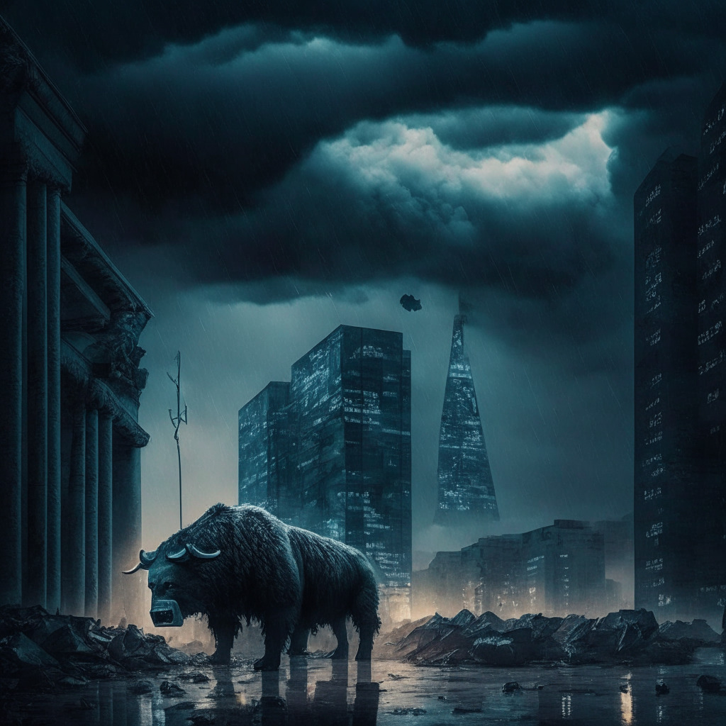 Dystopian crypto market scene, stormy sky, bear dominance, eerie atmosphere, dim streetlights, Bitcoin, Ethereum, altcoins falling. North American cityscape, contrasting Swiss & German elements. Institutions unloading, hint of Solana, Ripple, Litecoin resistance. Fading optimism, somber mood.