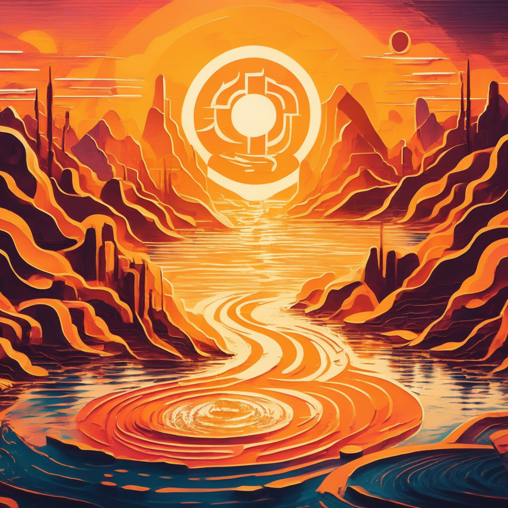 Crypto fund inflows scene, abstract financial landscape, warm hues representing growth, dynamic brushstrokes depicting volatility, funds flowing into digital asset river, dominant Bitcoin presence, rising sun symbolizing mainstream adoption, cautious investor figures, serene atmosphere.