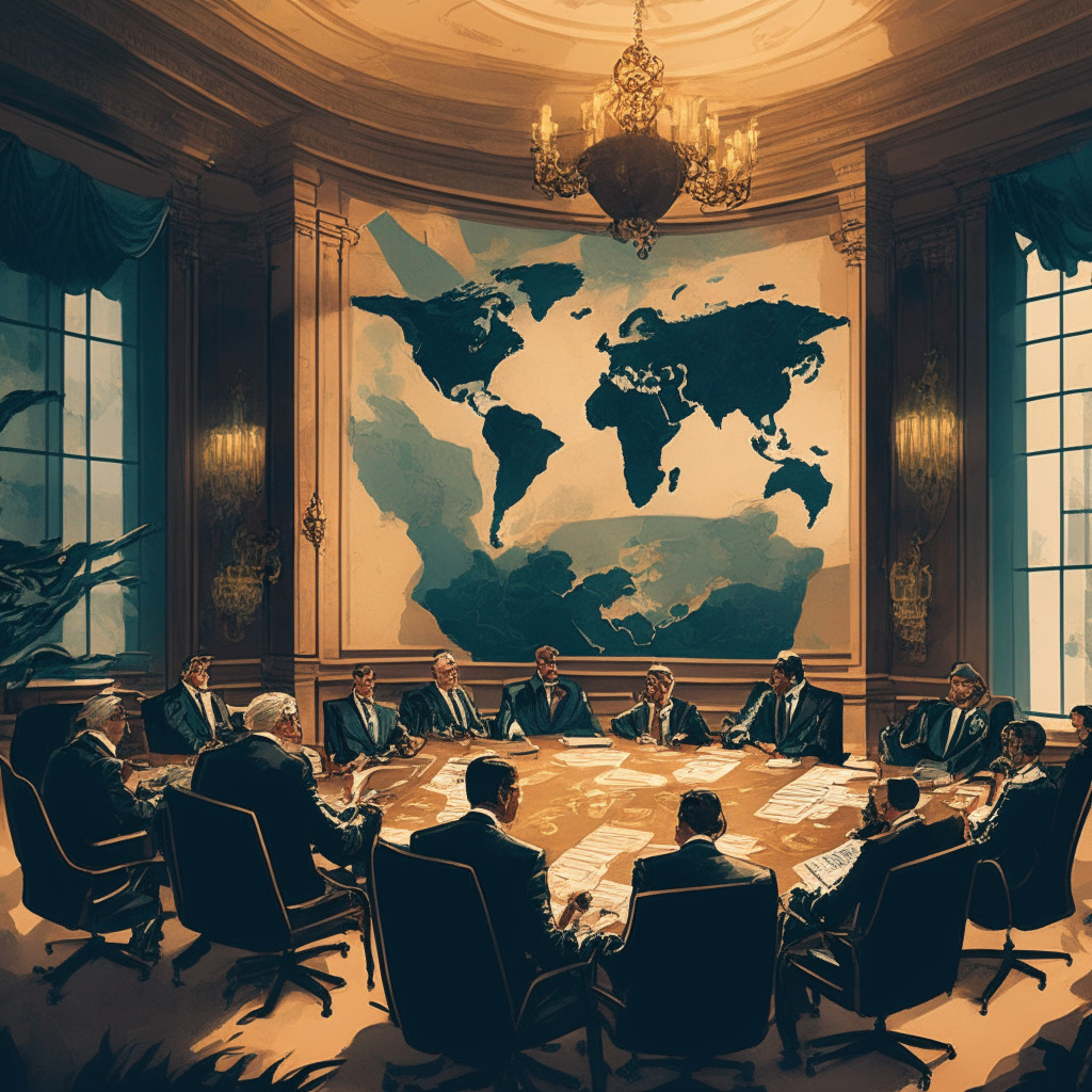 A corporate office scene hosting a meeting between top executives in the crypto industry, warm, inviting lighting, Baroque-style painted details on the walls, focused expressions of determination on the attendees, a world map displaying global connections, subtle hints of financial success and legal expertise surrounding the atmosphere, emphasizing trust-building and resilience in the face of regulation.