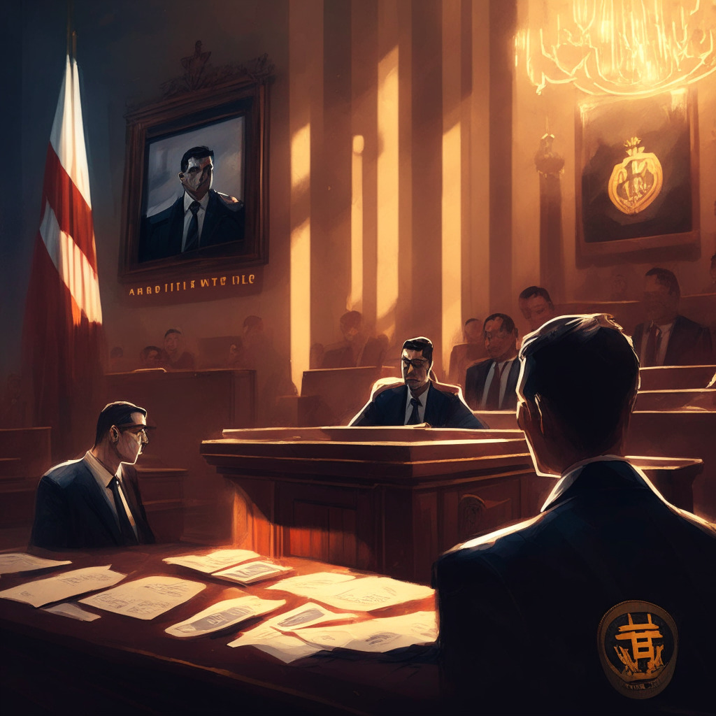Twilight courtroom scene, bitcoin emblem in the background, contrasting mood of optimism & skepticism, Do Kwon portrait with Montenegro flag, official documents scattered, subtle nods to decentralization, warm & cool lighting, impressionistic style, tension in the air, focus on integrity.