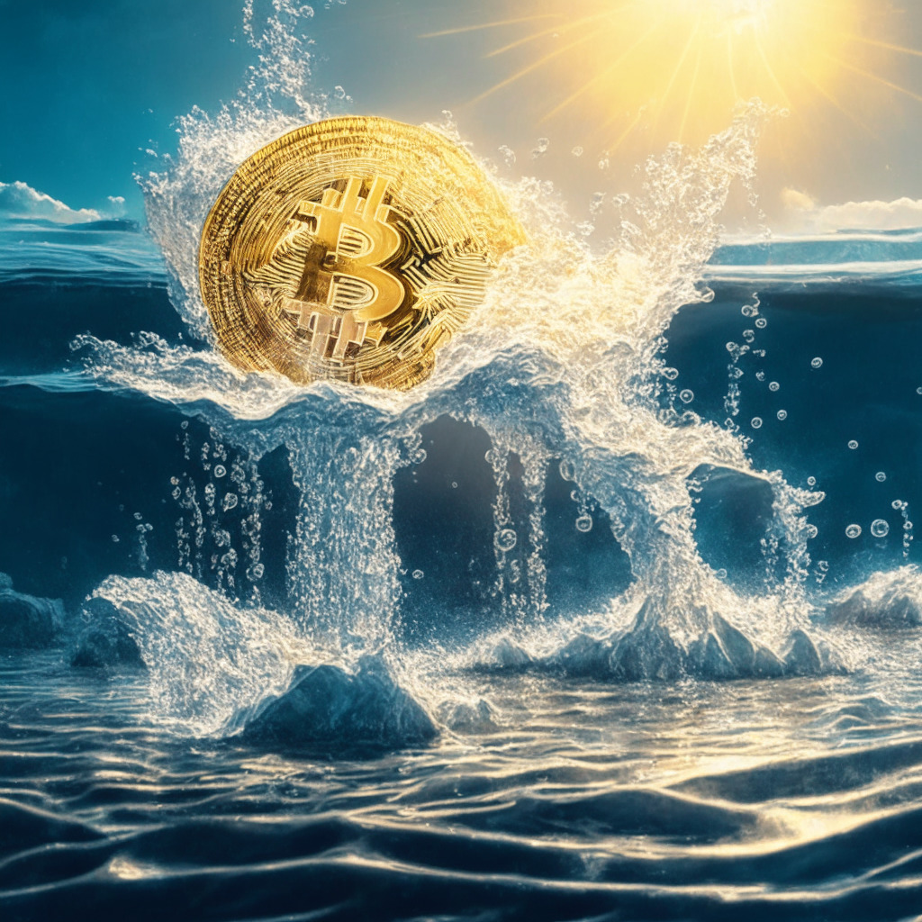 Majestic Bitcoin rising above turbulent waters, intricate network interconnections, users adopting decentralized finance amidst regulatory shadows, warm sunlight reflecting resilience, innovative European & Swiss crypto-friendly banks, adaptive international strategies, strong antifragile system mood.