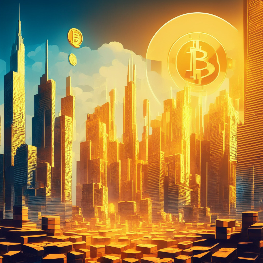 Futuristic cityscape with Bitcoin symbols, altcoins in the background, golden light, financial buildings, artistic expressionist style, contrasting colors, mood of resurgence, central Bitcoin ETF shining, subtle references to financial giants, air of optimism, investor caution evident. Max: 350 characters