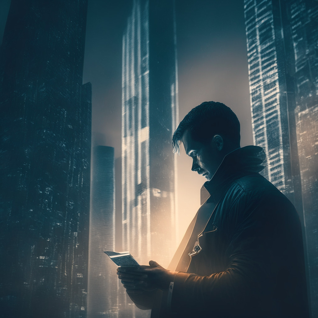 Intricate urban skyline with dimly lit skyscrapers, cautious crypto influencer holding a shining coin, blurred legal documents in the background, a subtle chiaroscuro effect, hazy atmosphere portraying uncertainty, cool-toned palette reflecting a contemplative mood.