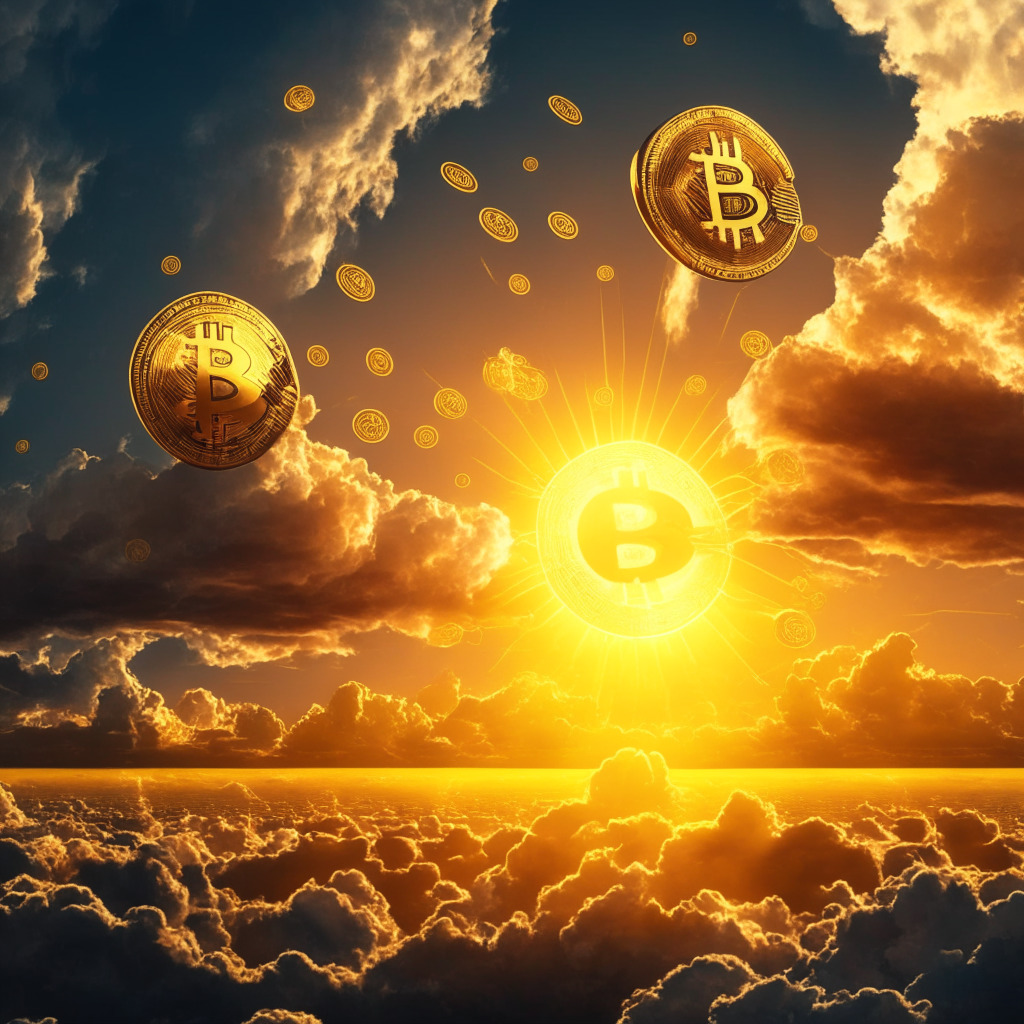 Crypto market soar, traditional finance giants embrace, spotlight on Bitcoin, $30,000 milestone, emerging EDX crypto exchange, Bitcoin Cash rally, Deutsche Bank digital asset custody, regulatory challenges, balanced approach, caution, potential growth, uncertainty, artistic blend of traditional and modern finances, golden-hued sunset, stormy clouds, contrast, sophisticated touch, optimism amidst volatility.