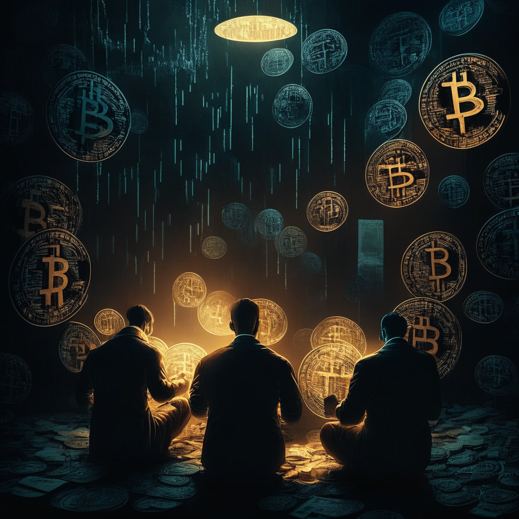 Crypto investors holding tight during uncertainty, intricate blockchain pattern, dimly lit setting, contrasts of light and shadow, steady accumulation of coins, mood of anticipation and patience, potential risks and rewards, time determining market trends, optimism in the future.