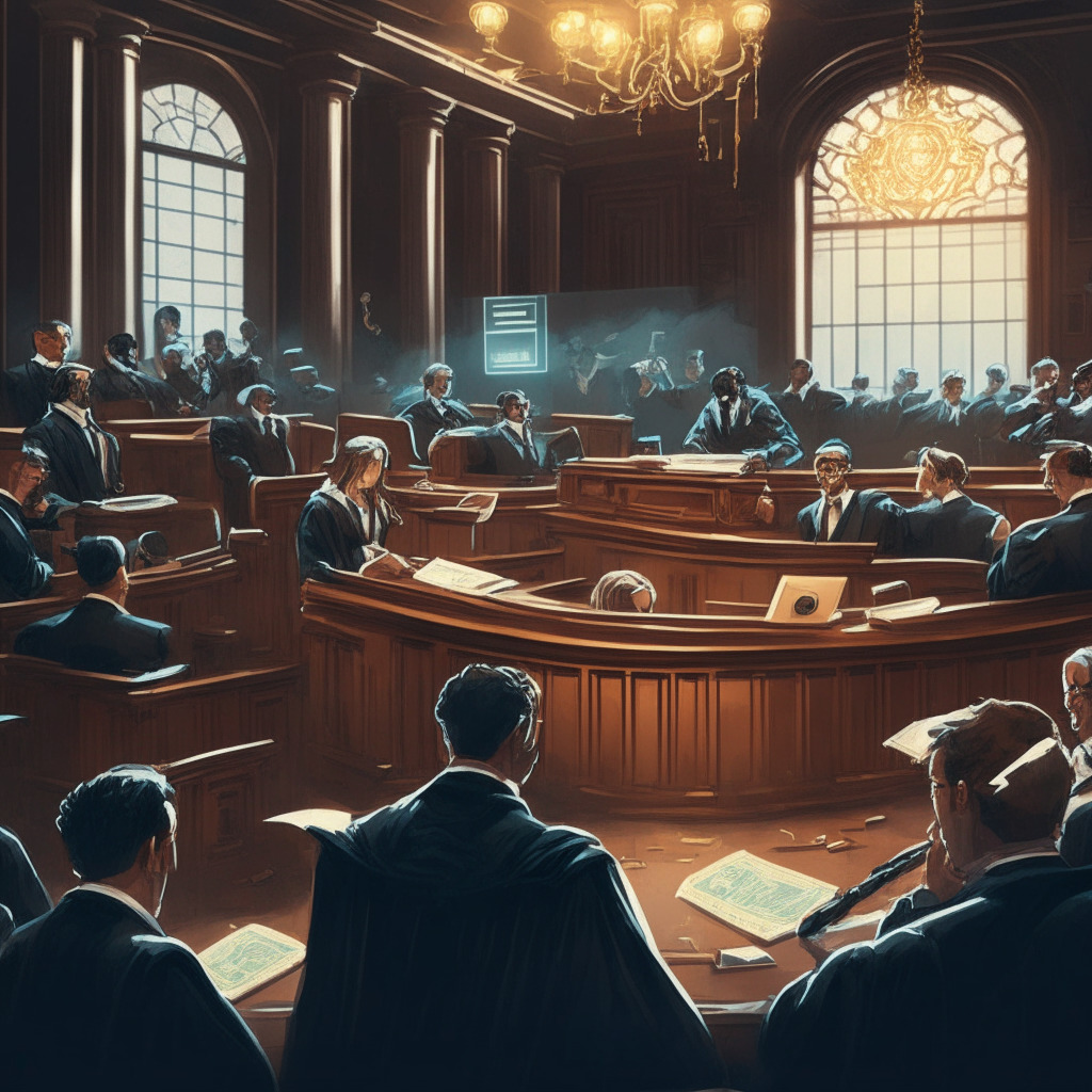Cryptocurrency courtroom scene, lawyer defending clients, uneasy atmosphere, chiaroscuro lighting, Baroque-inspired art, cell phone hacked, digital tokens scattered, community support shown, cybersecurity awareness emphasized, vigilant expressions, resilience, and determination highlighted, trust and stability restored, 350 characters max.