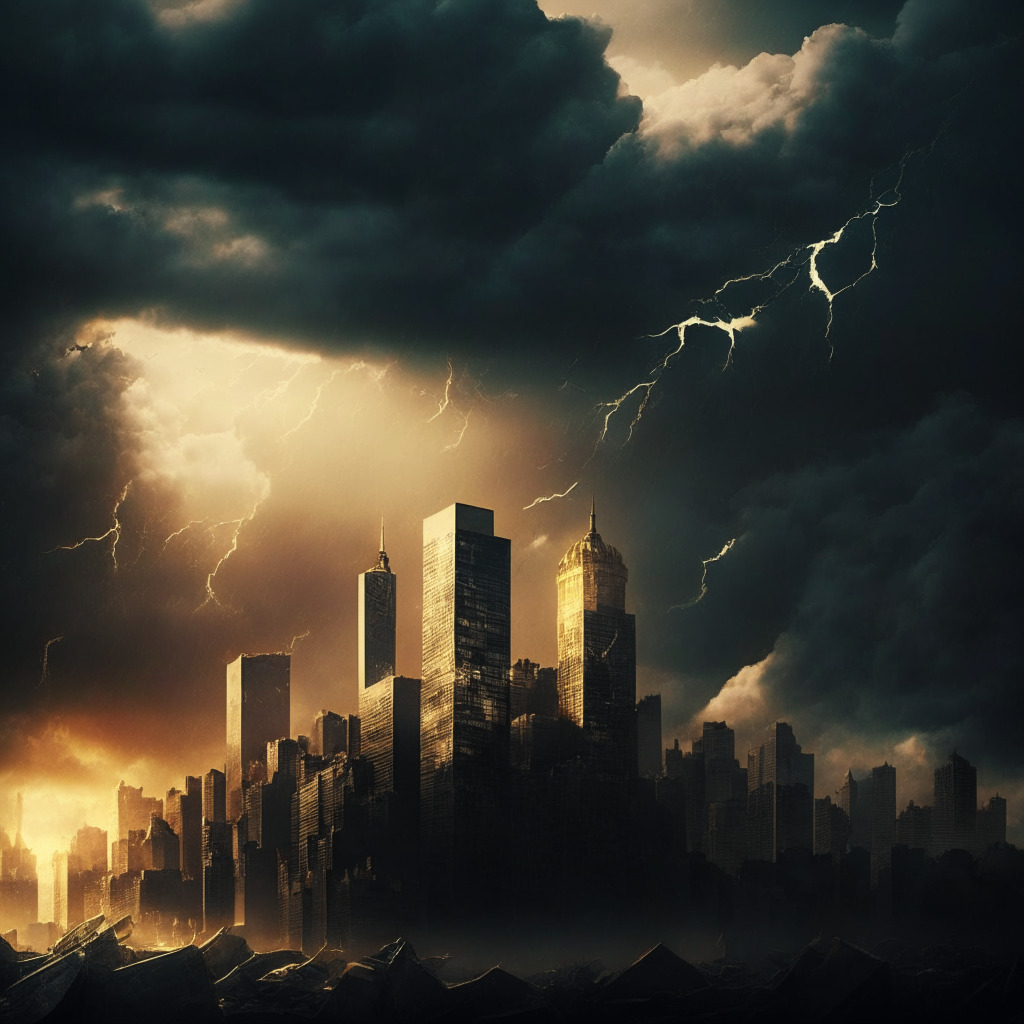 Crypto lenders' volatile landscape, dark clouds over city skyline, golden light breaking through clouds, courtroom scales symbolizing regulations, intense, dramatic chiaroscuro lighting, melancholic atmosphere, subtle incorporation of digital currencies, a cracked foundation representing insolvency.