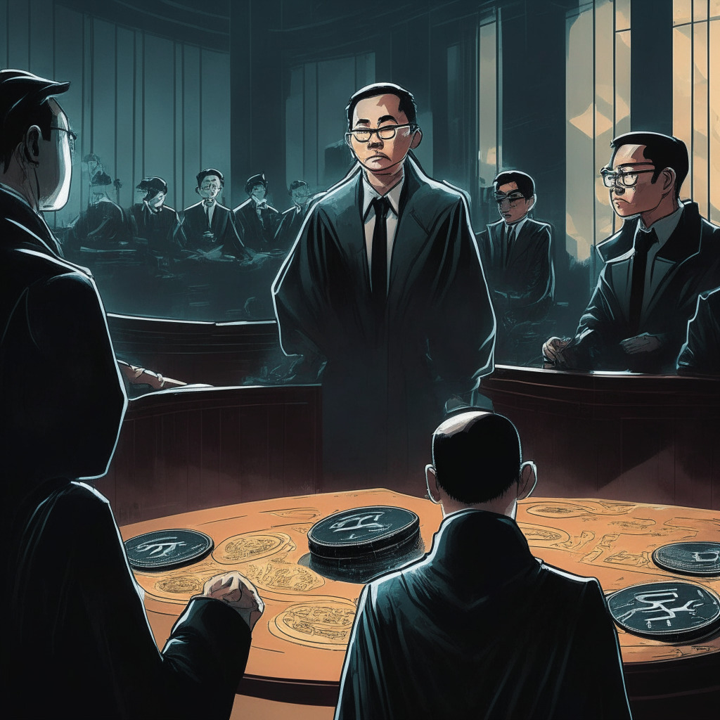 Crypto lender Hodlnaut facing dissolution or restructuring, dark courtroom drama, dimly lit scales of justice, founders Simon Lee and Zhu Juntao in defiance, TerraLabs' Anchor Protocol collapse in the background, gloomy atmosphere with hints of hope, potential precedent-setting decision, emphasizing crypto industry risks and need for robust regulation.