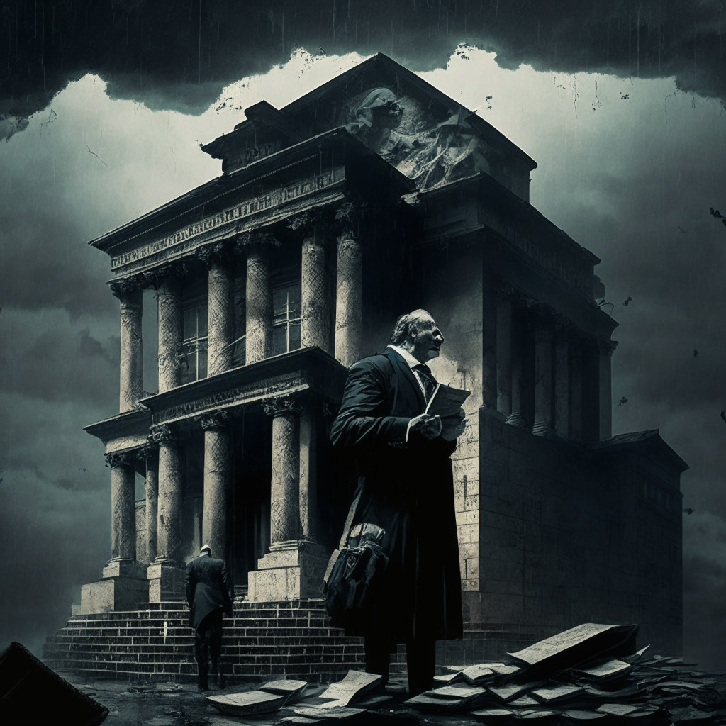 Dark stormy sky over a crumbling bank façade, a shadowy figure holding a briefcase of crypto coins, legal papers and gavel in the foreground, distress and despair on investors' faces, muted color palette with an emphasis on grayscale, melancholy atmosphere, chiaroscuro lighting effect, Baroque-inspired composition, symbolizing the uncertain future of crypto lending platforms.