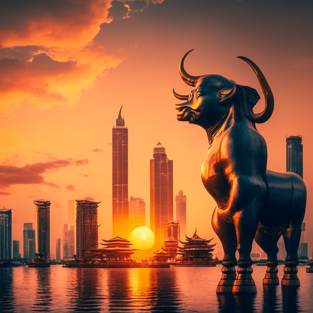 Dusk sky over a harbor with traditional Asian architecture, high-tech city skyline in the distance, a golden bull statue symbolizing bullish crypto market, subtle financial paperwork & map overlaid, contrast between old-world charm & modern innovation, mood of cautious optimism, tinge of uncertainty, warm sunset hues, and cooler shades of modernity.