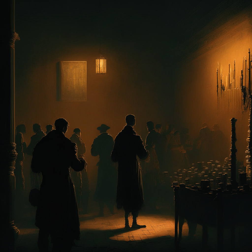 Crypto market correction scene, dimly lit atmosphere, bar chart showing declining trend, Bitcoin near $25,000 mark, altcoins' downturn, cautious investors, moody 19th-century chiaroscuro painting style, contrasting light and shadows, subtle tension in market's mood.