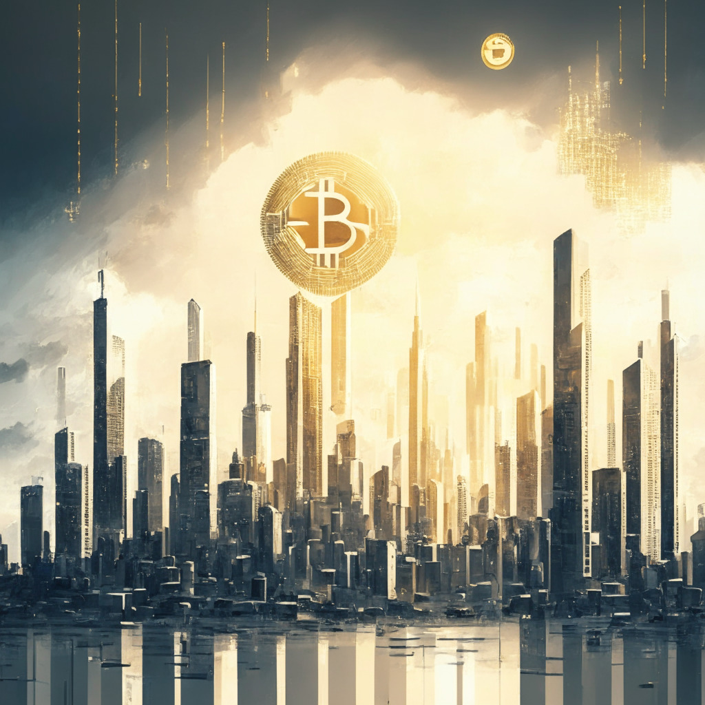 Futuristic city skyline with cryptocurrency symbols, diverse digital assets, gray skies, soft golden light, Ether & Bitcoin in foreground, mood of cautious optimism, subtle brush strokes, Builder's Market Era, foundation-building phase, global influences, contrasting performances.