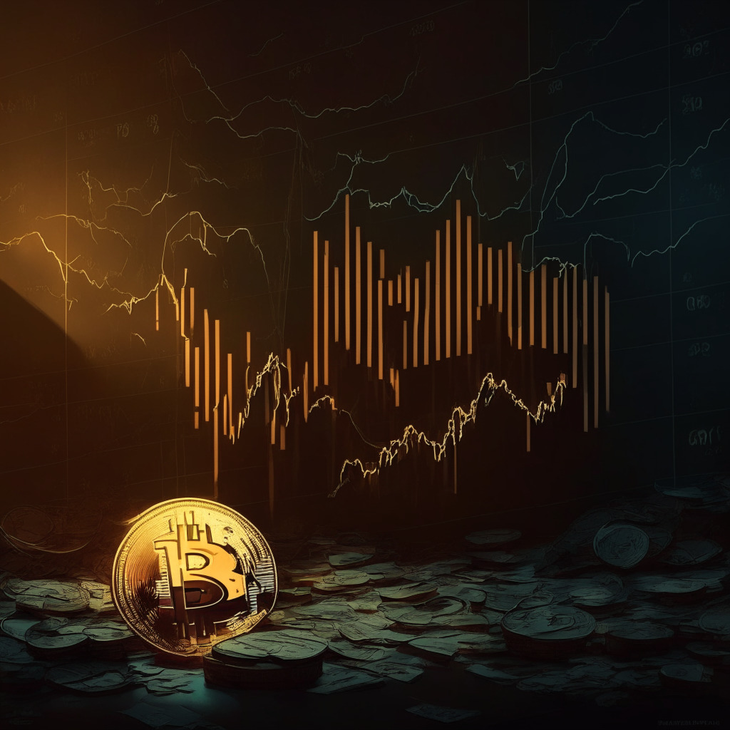 Crypto market downturn, SEC lawsuits affecting prices, gloomy mood, evening light with shadows, artistic chiaroscuro style, bitcoins & altcoins in a downward trajectory, stablecoin balances fluctuating, hints of optimism in Ether Trend Indicator, financial turmoil backdrop, central banks in hawkish stance.