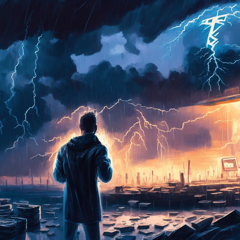 Cryptocurrency market downturn scene, twilight setting, expressive brushstrokes, serene yet anticipatory mood: a trader buying discounted altcoins amidst crypto crash, XRP, Polygon, and Cardano coins subtly highlighted, a supportive hand guiding decision, lightning bolt symbolizing Bitcoin Lightning Network progress, hints of an upward market trend.