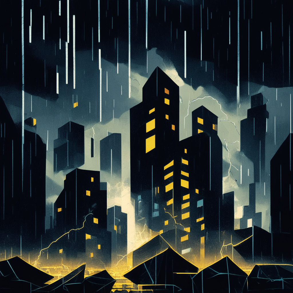Cryptocurrency crash, dark and stormy cityscape, SEC vs. Binance lawsuit, fading Bitcoin & Ether, concerned investors, low-cap crypto gems sparkle in the shadows, uncertain mood, chiaroscuro lighting, Braque-style cubism.