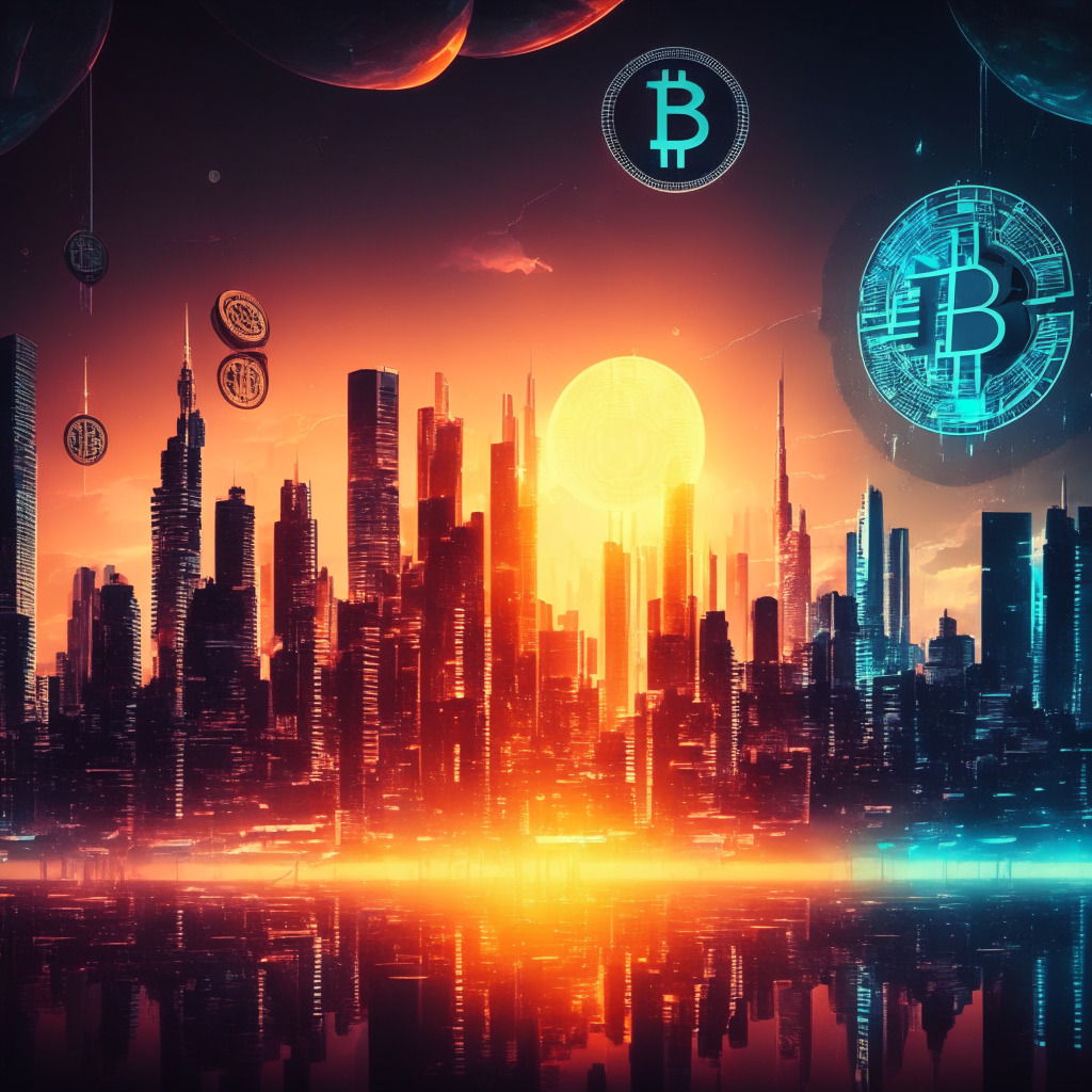 Futuristic city skyline with cryptocurrency symbols, BTC at center, ETH beside it, surrounded by Cardano and Bitcoin Cash, tech-infused atmosphere, dynamic colors capturing market movements, glowing sunset representing blockchain's potential, elements of uncertainty in shadowy corners, overall mood of optimism and skepticism blending.