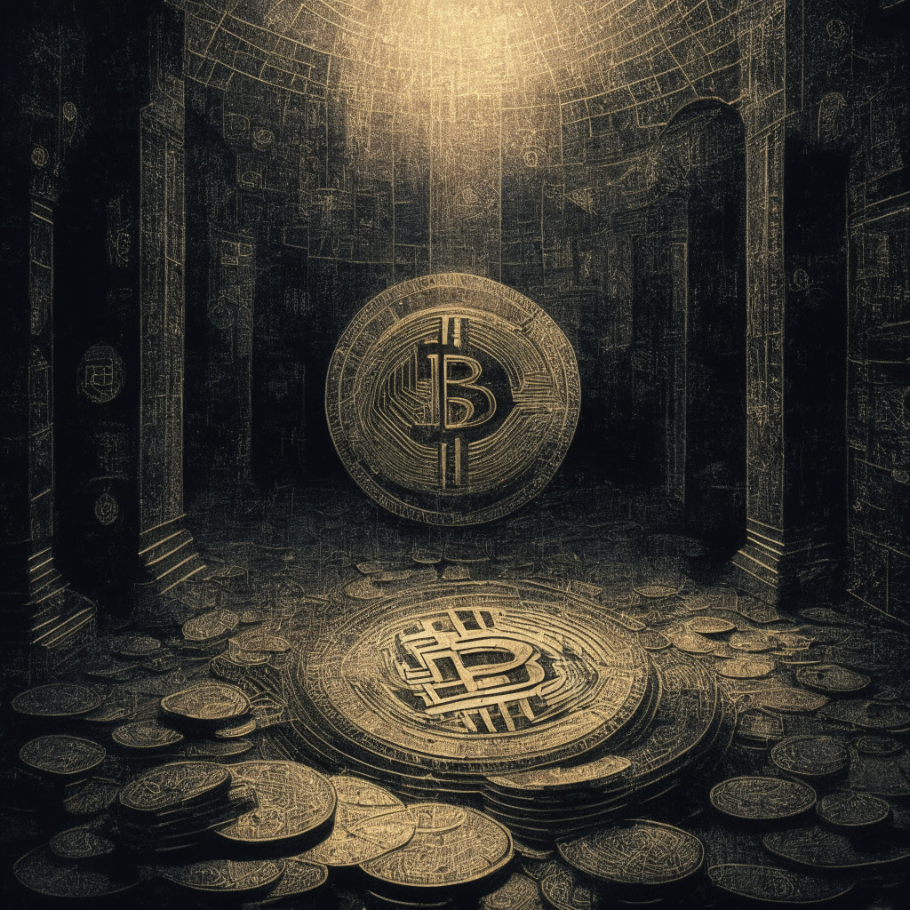 Intricate web of crypto coins, safety-themed chiaroscuro, dominant Bitcoin and stablecoins, somber trading floor, touch of vintage monetary artwork, subdued yet anticipatory mood, hovering uncertainty, flickering altcoin ray of hope.