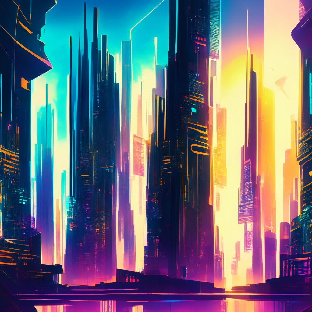 Futuristic city reflecting the crypto market growth, blockchain, sustainable energy, sunlight streaming through skyscrapers, impressionist style, secure digital locks and banks fading in the distance, a sense of cautious optimism, dynamic market movement, vibrant colors, mysterious shadows, diverse crypto coins displayed subtly, harmonious mood.