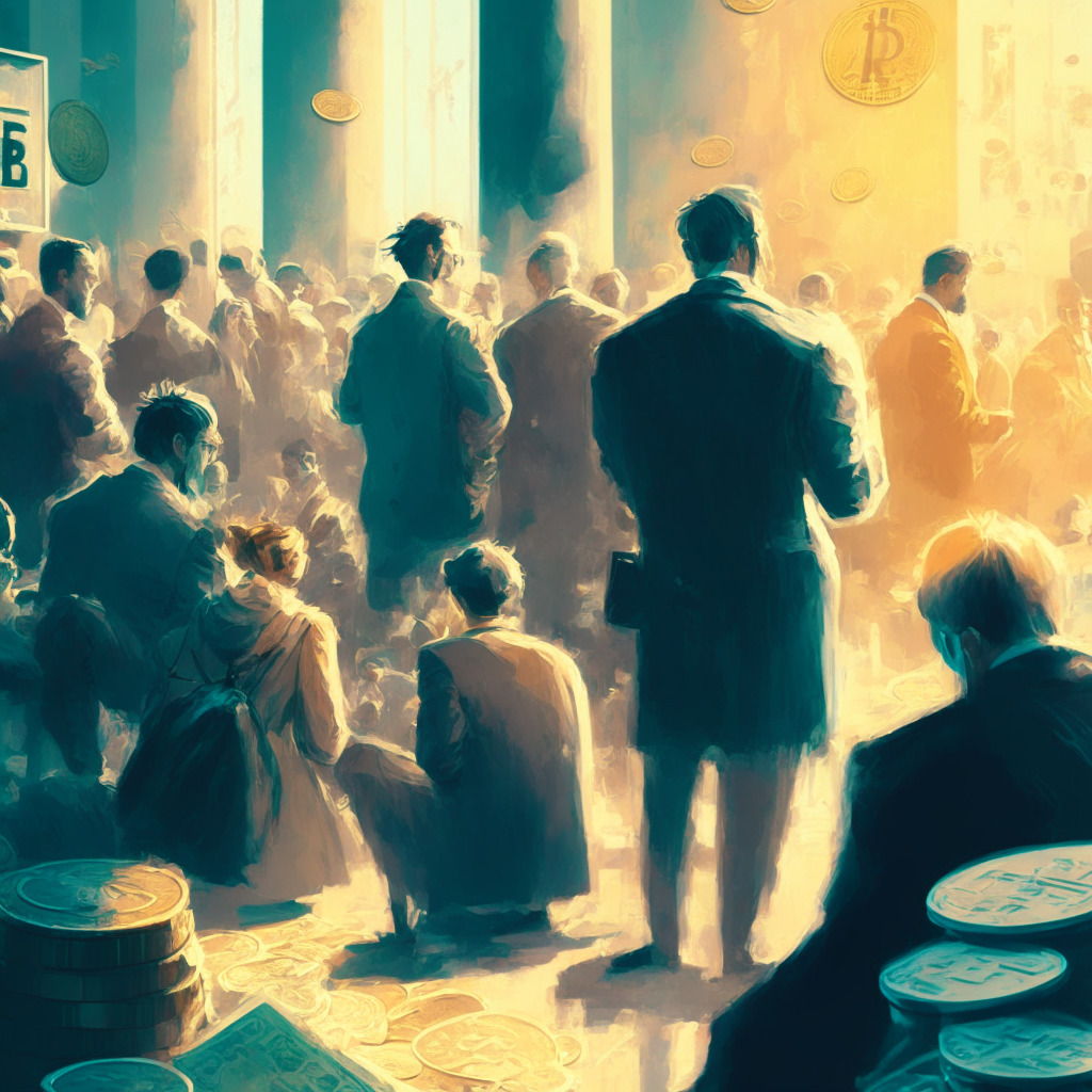 Cryptocurrency market scene, various coins fluctuating in value, DeFi platforms emerging, positive market sentiment, gloomy risks looming, Impressionist style, soft pastel colors, warm sunlit atmosphere, investor cautiously observing, juxtaposition of gain and uncertainty, 350 characters max.