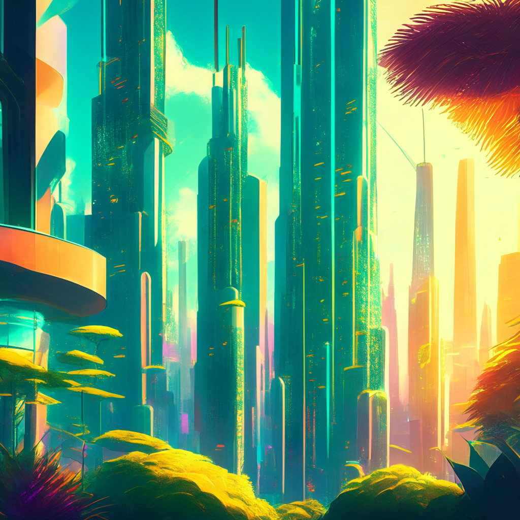 Futuristic cityscape of thriving crypto market, lush garden of diverse digital currencies, sunlight reflecting on glass skyscrapers, bold colors with an air of sophistication, blend of optimism and caution, warm yet mystifying ambiance, visualizing future trends and adapting to potential risks.
