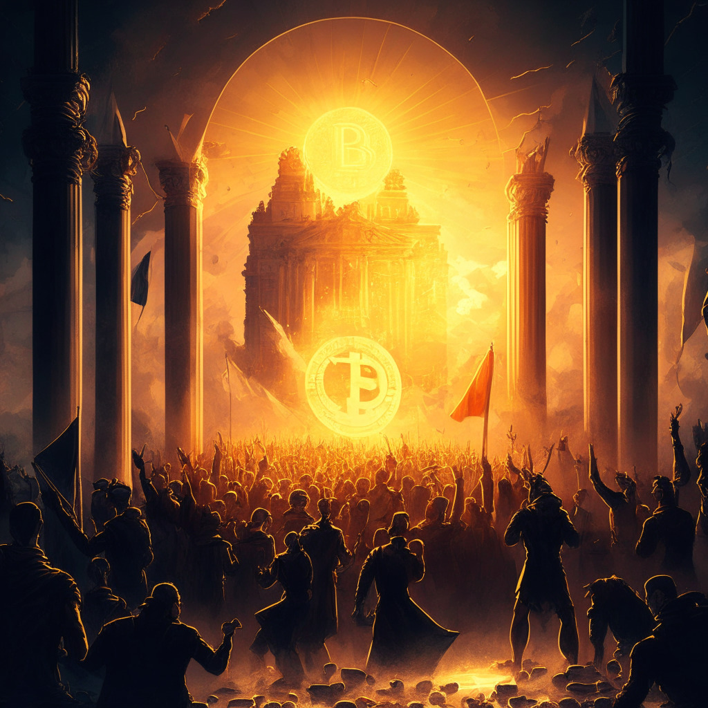 Crypto rally scene, intricate detail, dramatic chiaroscuro lighting, Baroque-inspired composition, euphoric mood, sunset skyline highlighting market optimism, contrast of shadowy laws/regulation, impending Bitcoin & Ethereum options expiration, sense of volatility, dynamic balance between risk & opportunity.