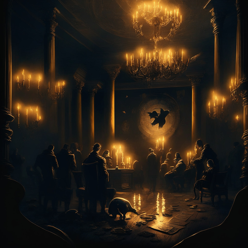 Cryptocurrency market decline, lawsuit aftermath, dark courtroom illuminated by candlelight, anxious traders with phones, Bitcoin & Ethereum coin symbols at front, hint of Baroque style, calm whales in the background, golden light hitting them, dramatic chiaroscuro, mood of uncertainty & resilience.