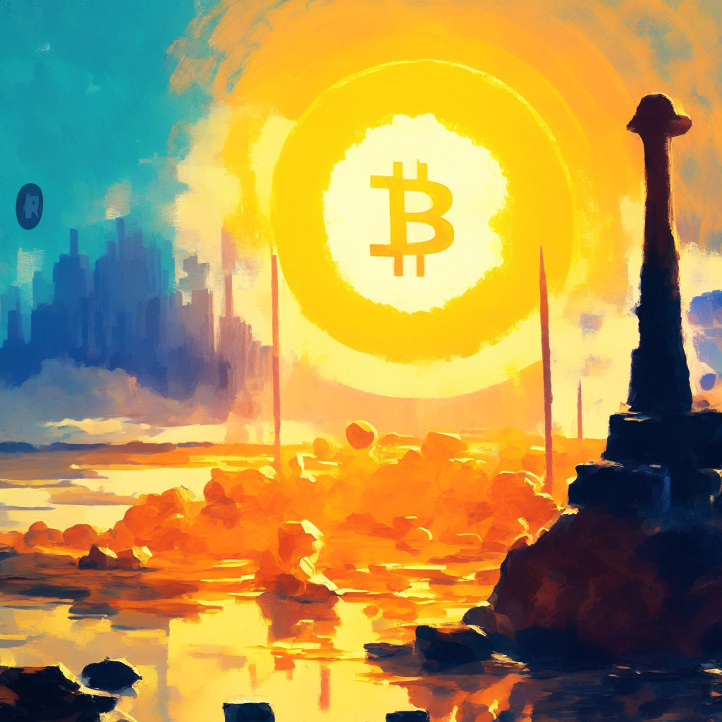 Sunlit cryptocurrency landscape, warm colors, silhouettes of central banks, testimony podiums, and global economic events, harmonious balance, slightly cautious mood, subtle impressionist brushstrokes, abstract composition, mercurial financial elements, two largest crypto assets - Bitcoin and Ethereum, anticipating future policy moves.