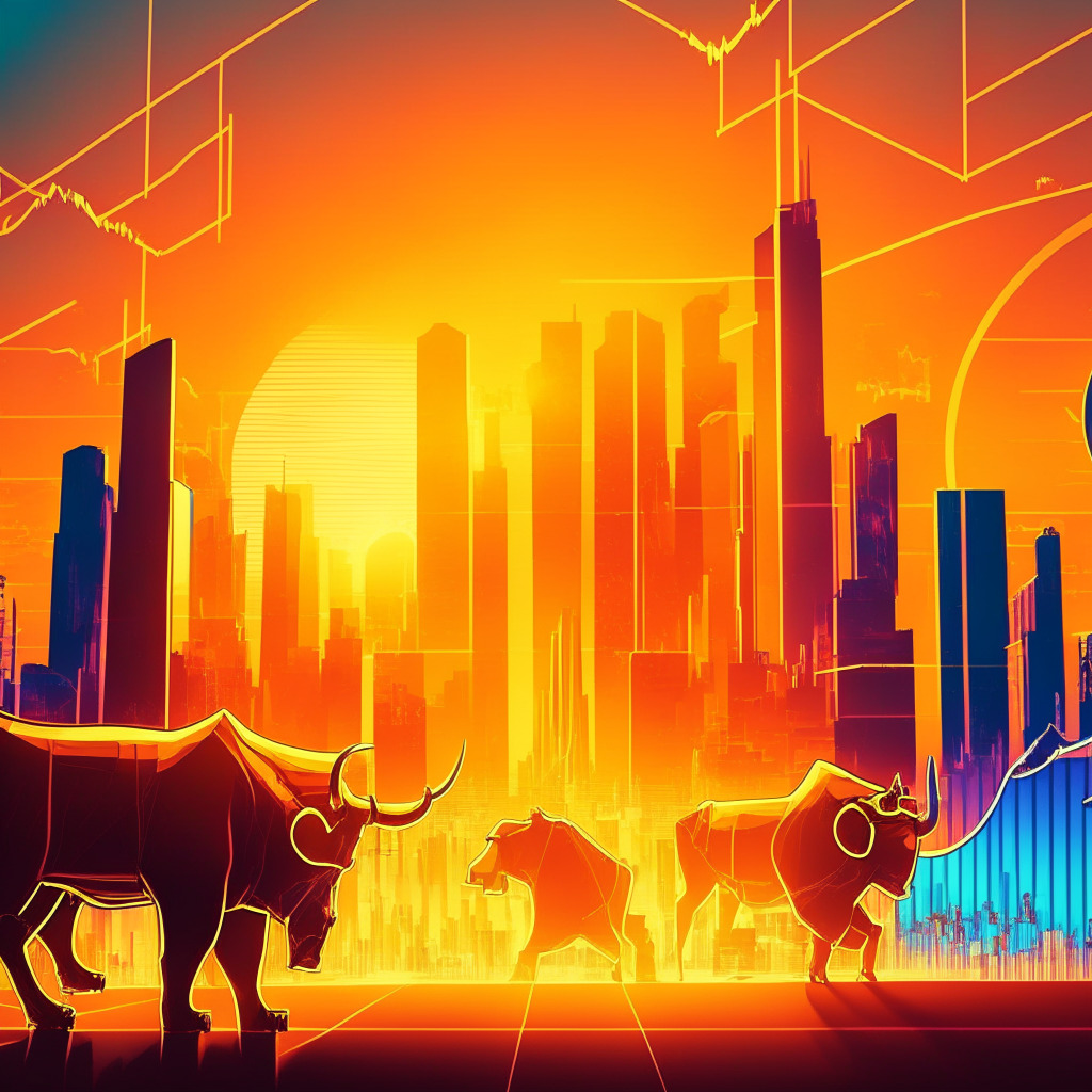 Crypto market rebound, oversold levels, potential Bitcoin ETF approval, vibrant colors, radiant light, optimistic mood, bull and bear figures amidst digital landscape, ascending arrows, abstract financial charts, city skyline in the background, sun rising on the horizon, hints of Art Deco style.