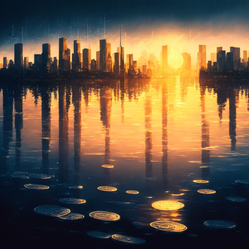 Crypto market recovery scene, dusk city skyline, various digital currency symbols radiating light, subtle artistic brush strokes, calming ambient glow, reflection on calm water, mood of optimism & resilience amidst regulatory tensions, mention of digital currency growth & legislative discussions.