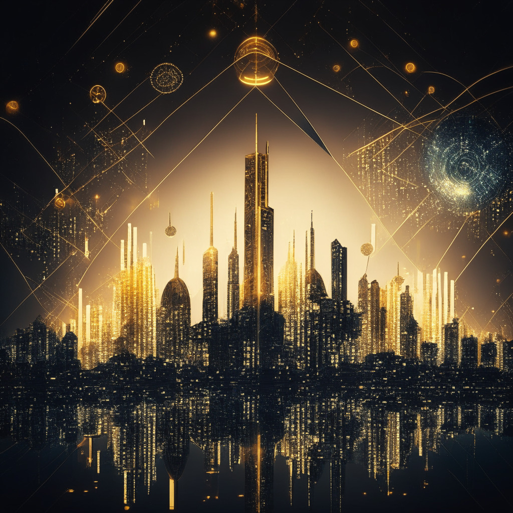 Futuristic city skyline with digital assets, US Capitol, abstract debt ceiling, Ethereum & Bitcoin symbols, subtle gold & silver accents, surrealistic style, contrast between light & darkness, economic uncertainty, resilience & optimism, interconnected data streams, ambient evening lights.
