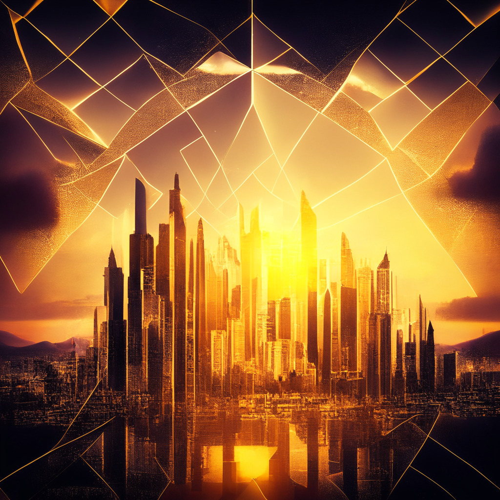 Ethereum-esque cityscape, Solana sunrise, Cardano crest, Polygon-powered metropolis, ascending trend lines, light breaking through clouds, golden hour, Baroque style, high contrast, harmonious colors, mood of resilience, overcoming regulatory challenges, symbolic representation of price recovery, no logos/brands, 350 characters max.