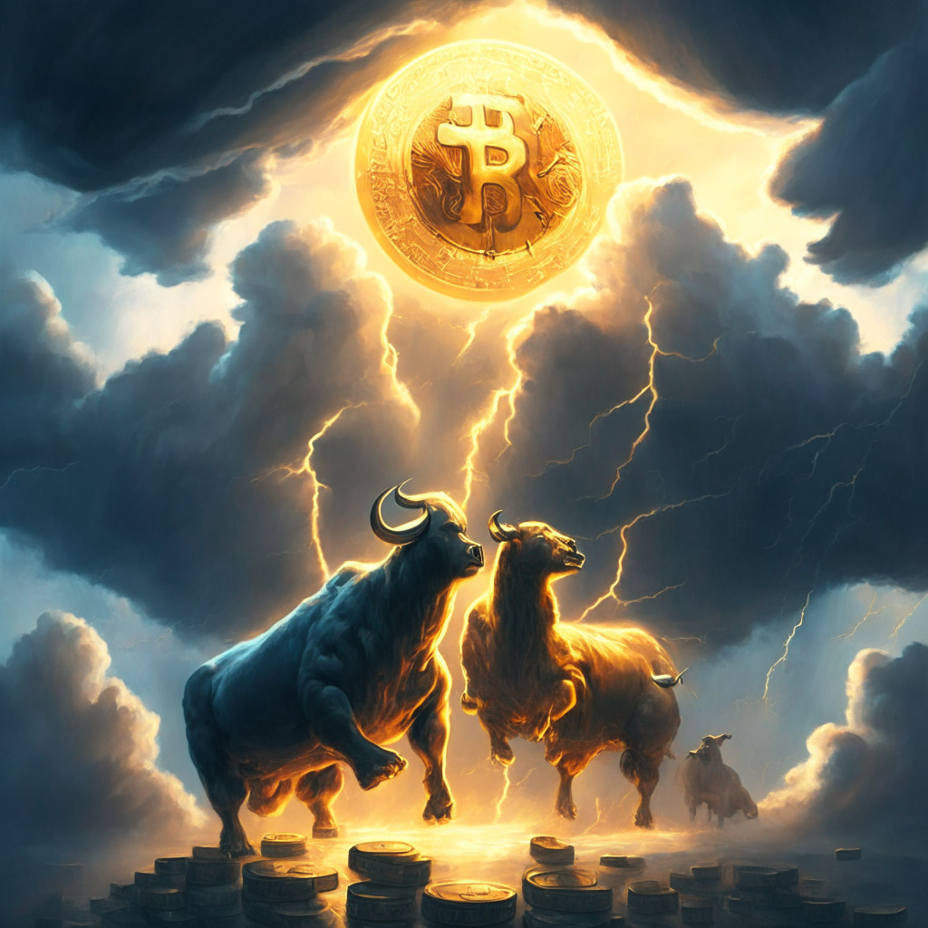 Crypto market resurgence, bull and bear balancing on coins, sun and storm clouds overhead, oil painting style, chiaroscuro lighting setting, optimistic yet cautious atmosphere, regulatory shadow hovering, majestic phoenix on the horizon, intricate blockchain network in the background, digital tokens glowing, no brand or logos, 350 characters.
