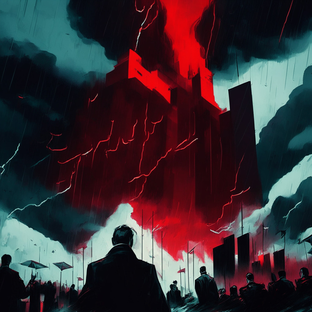 Stormy crypto market scene, dark ominous clouds, Binance and Coinbase buildings, shadowy SEC figure looms above with lawsuit papers, negative red arrows flowing out of exchanges, contrasting light and darkness, turmoil, artistic painterly strokes, mood of uncertainty and tension.