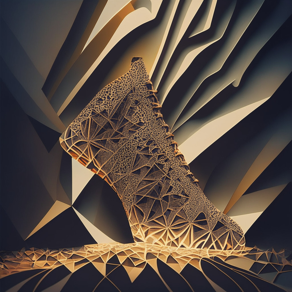 Intricate blockchain pattern, falling wedge, strong accumulation level, subtle blend of warm and cool colors, converging trendlines, hopeful yet uncertain atmosphere, soft contrasting light, a blend of Baroque and Futuristic styles, interplay of shadows and highlights, visually representing bullish potential and market volatility.