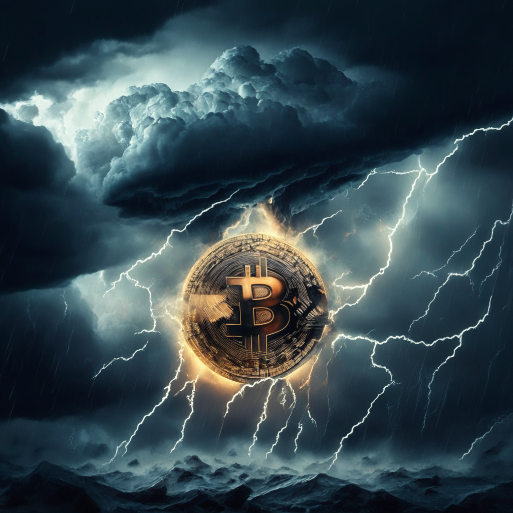 Cryptocurrency storm, SEC lawsuit, Binance & Coinbase, dark clouds, Ethereum key support test, market jitters, Bitcoin & Ethereum prices drop, artistic chiaroscuro effect, gloomy atmosphere, hint of optimism in long-term trends, descending coins, high momentum breakdown, uncertain future, tension, dynamic support, potential recovery, caution in investment.