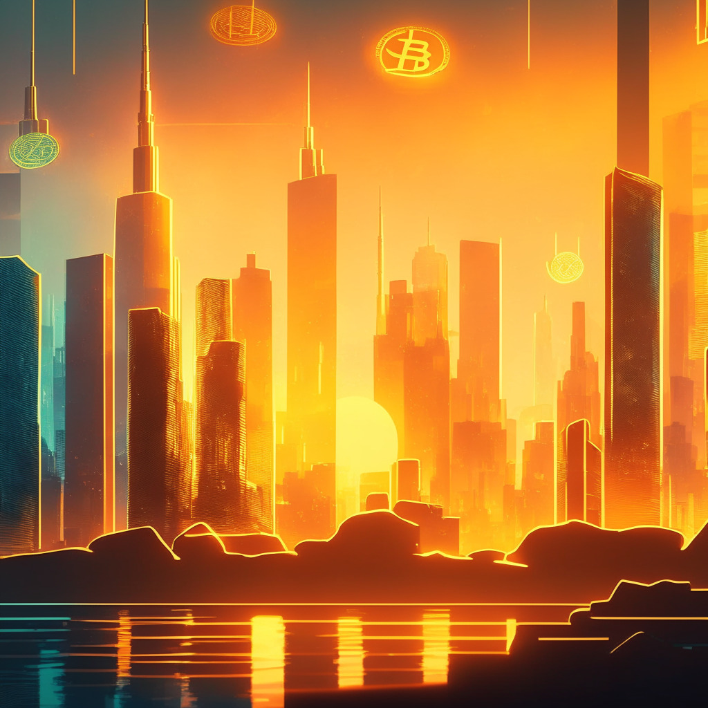 Crypto market recovery scene, bright city skyline at dawn, Bitcoin & Ethereum coins rising, skyscrapers reflecting golden sunlight, financial institutions in background, optimistic atmosphere, elegant art deco style, glowing neon signs, sense of movement, upward trajectory, anticipating future growth.