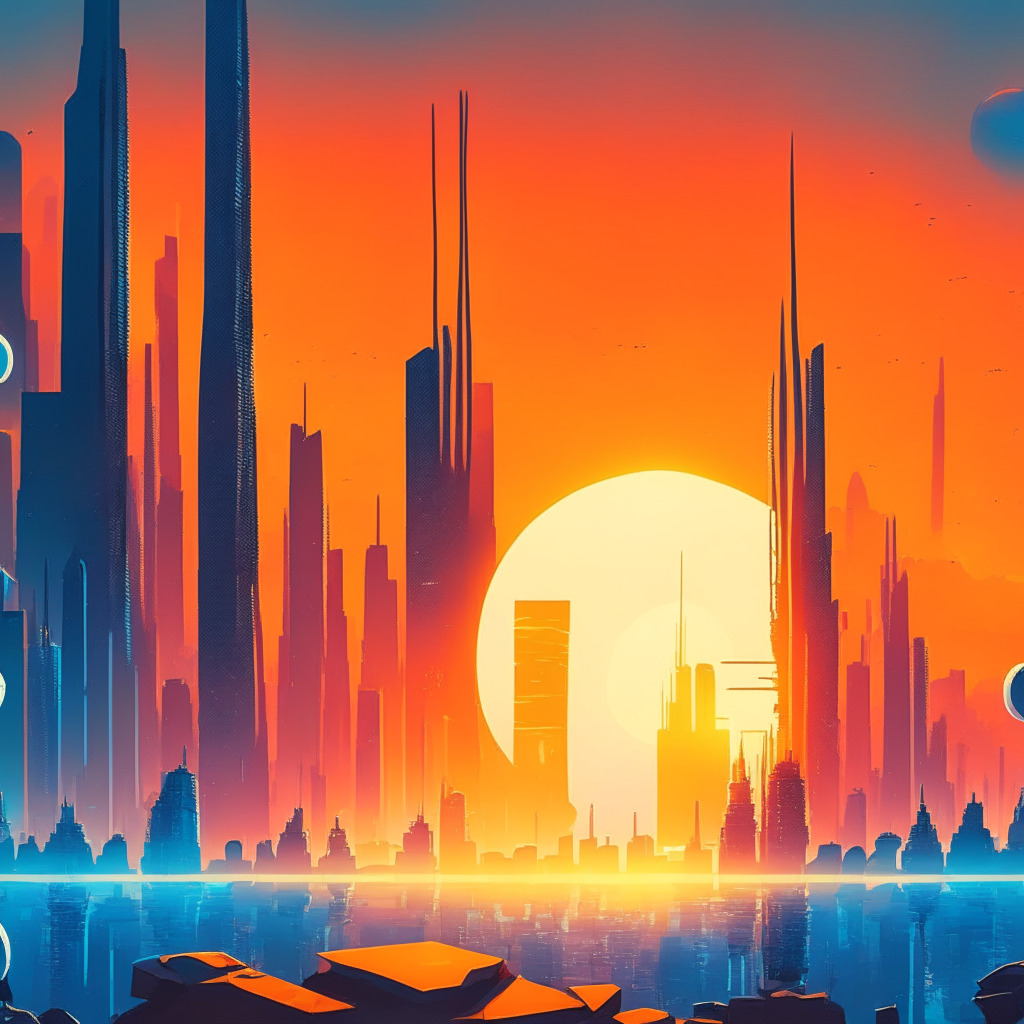 Sunrise over futuristic city skyline, crypto coins ascending, soft hues of oranges and blues, dynamic contrast, relieving mood, resilience despite regulatory challenges, Bitcoin and DOGE soaring, hint of turbulence among altcoins, investors contemplating, hope and determination in the air.